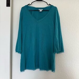 Soft Surroundings Teal Blue Knit V-neck Sweater Sheer Trim Angora Wool Blend